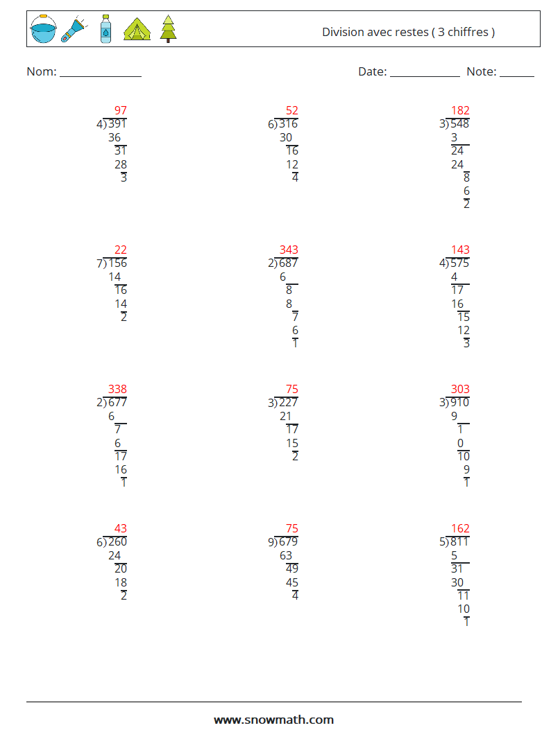 (12) Division avec restes ( 3 chiffres ) Fiches d'Exercices de Mathématiques 5 Question, Réponse