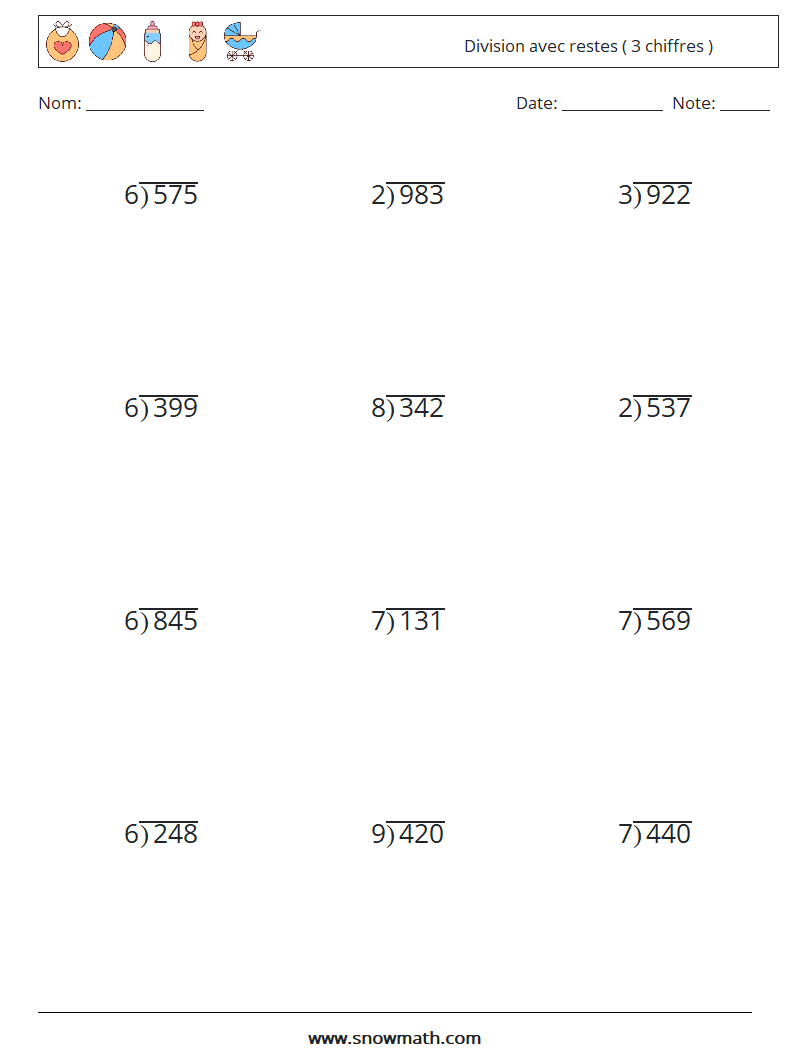 (12) Division avec restes ( 3 chiffres ) Fiches d'Exercices de Mathématiques 6