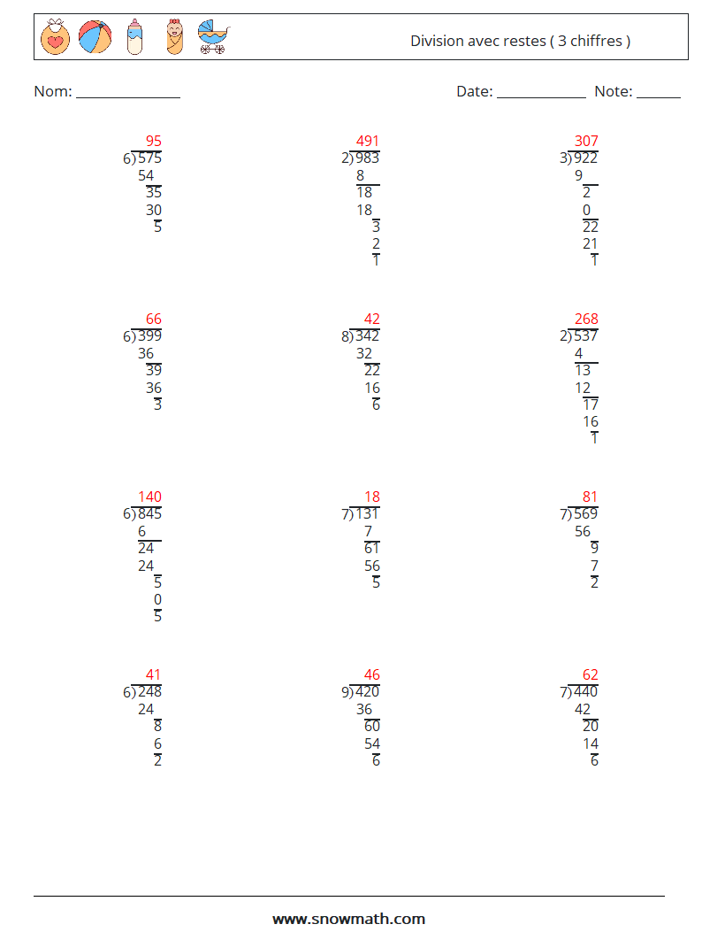 (12) Division avec restes ( 3 chiffres ) Fiches d'Exercices de Mathématiques 6 Question, Réponse