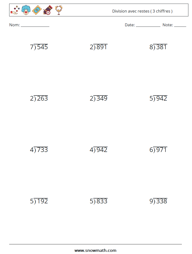 (12) Division avec restes ( 3 chiffres ) Fiches d'Exercices de Mathématiques 7
