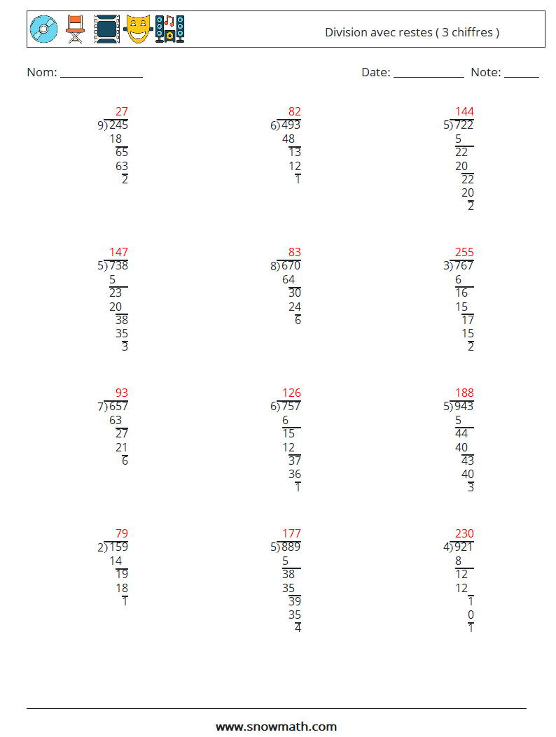 (12) Division avec restes ( 3 chiffres ) Fiches d'Exercices de Mathématiques 9 Question, Réponse