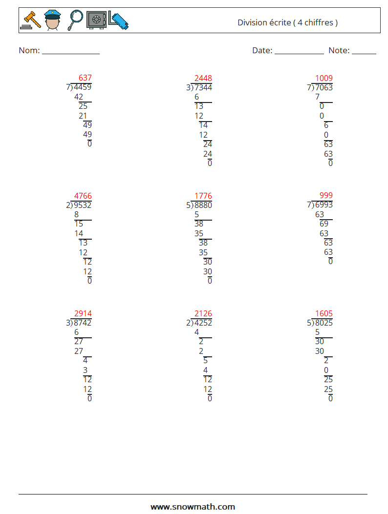 (9) Division écrite ( 4 chiffres ) Fiches d'Exercices de Mathématiques 13 Question, Réponse