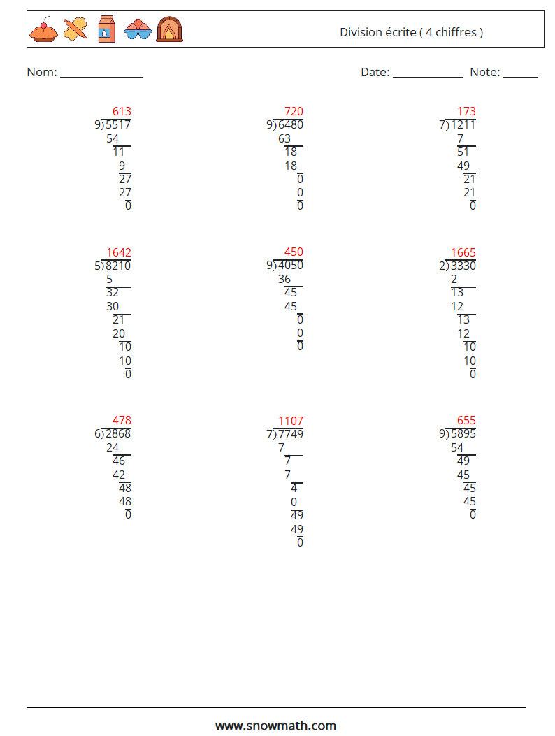 (9) Division écrite ( 4 chiffres ) Fiches d'Exercices de Mathématiques 15 Question, Réponse