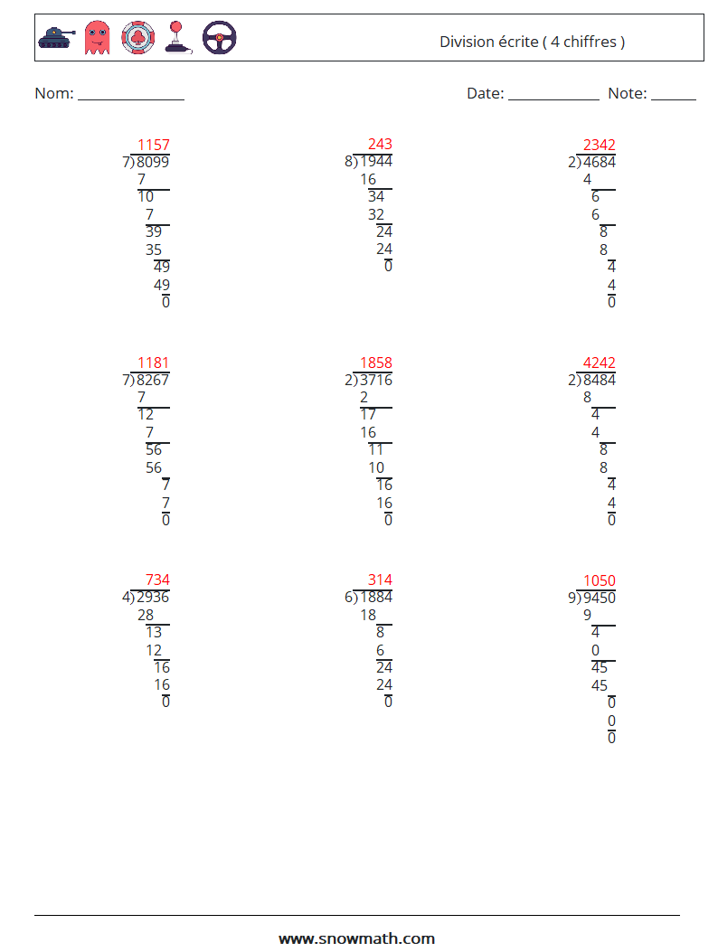 (9) Division écrite ( 4 chiffres ) Fiches d'Exercices de Mathématiques 17 Question, Réponse