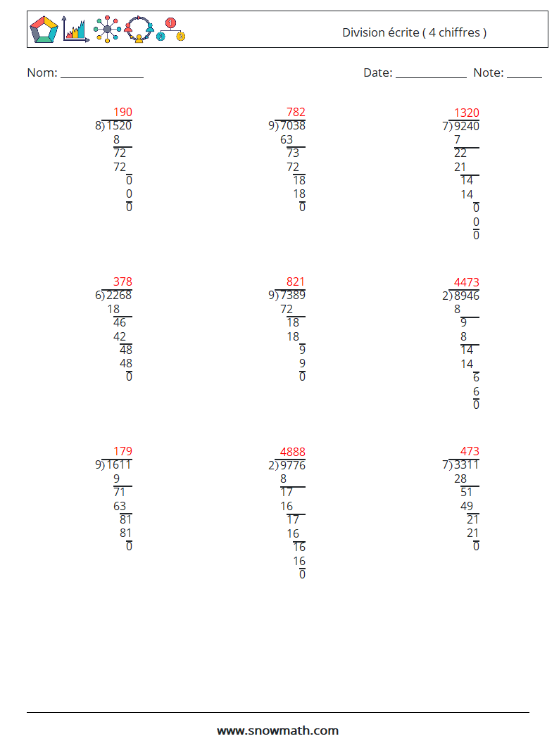 (9) Division écrite ( 4 chiffres ) Fiches d'Exercices de Mathématiques 18 Question, Réponse