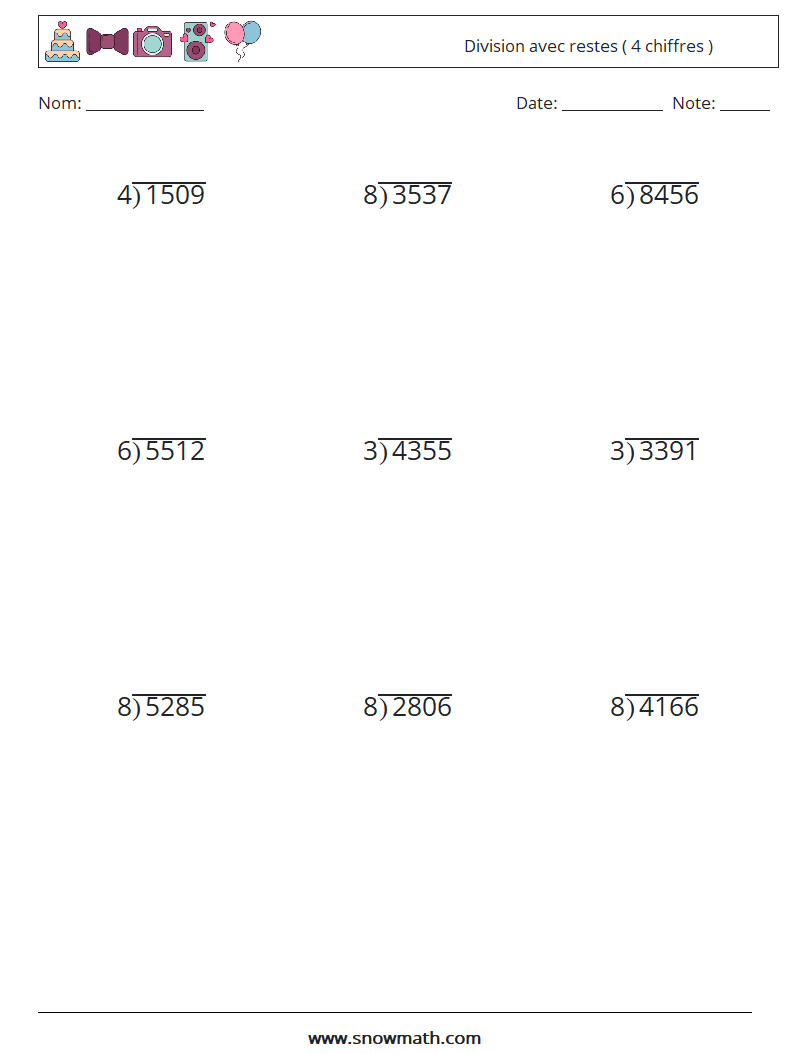 (9) Division avec restes ( 4 chiffres )