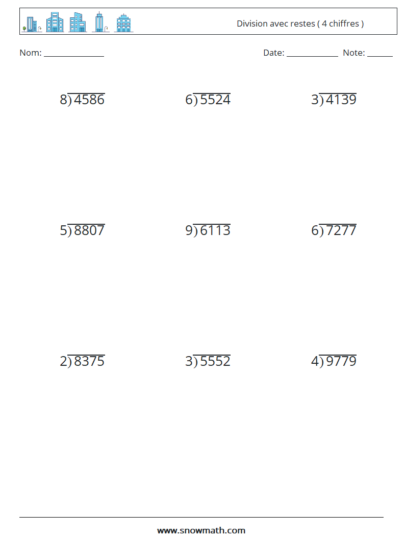 (9) Division avec restes ( 4 chiffres ) Fiches d'Exercices de Mathématiques 10