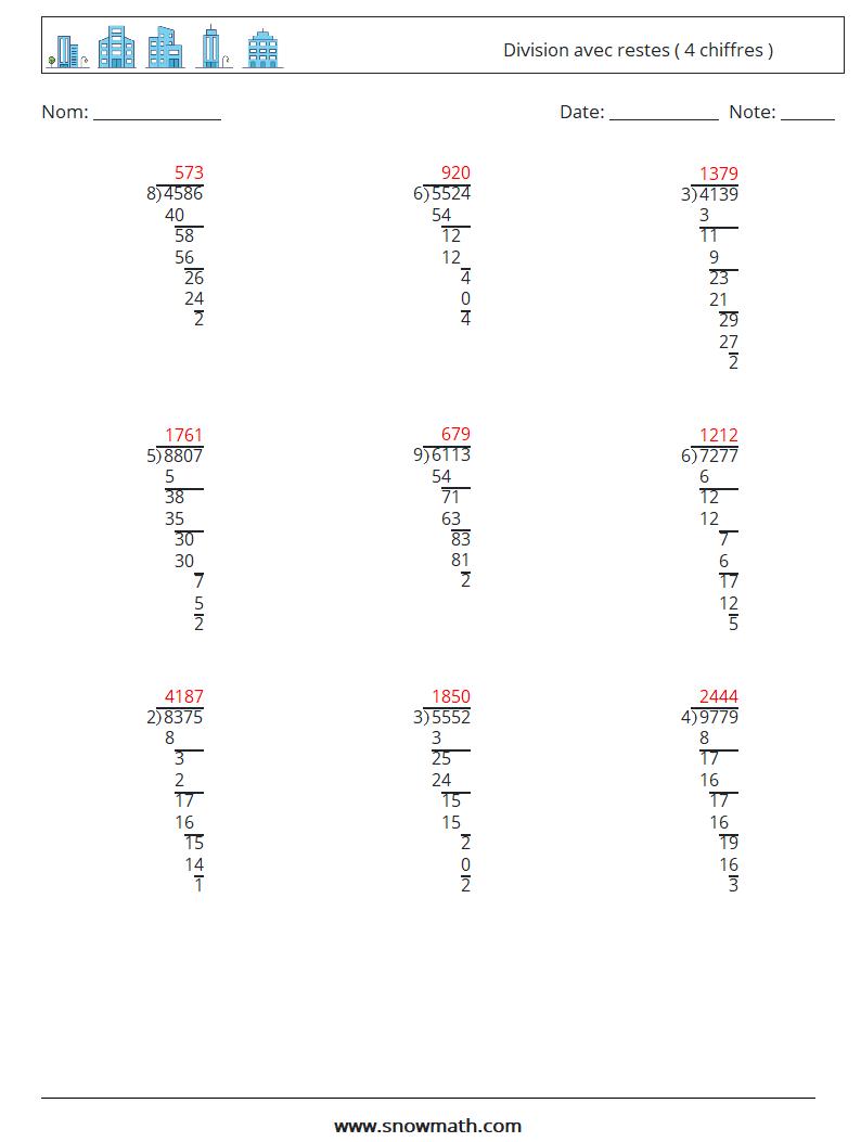 (9) Division avec restes ( 4 chiffres ) Fiches d'Exercices de Mathématiques 10 Question, Réponse