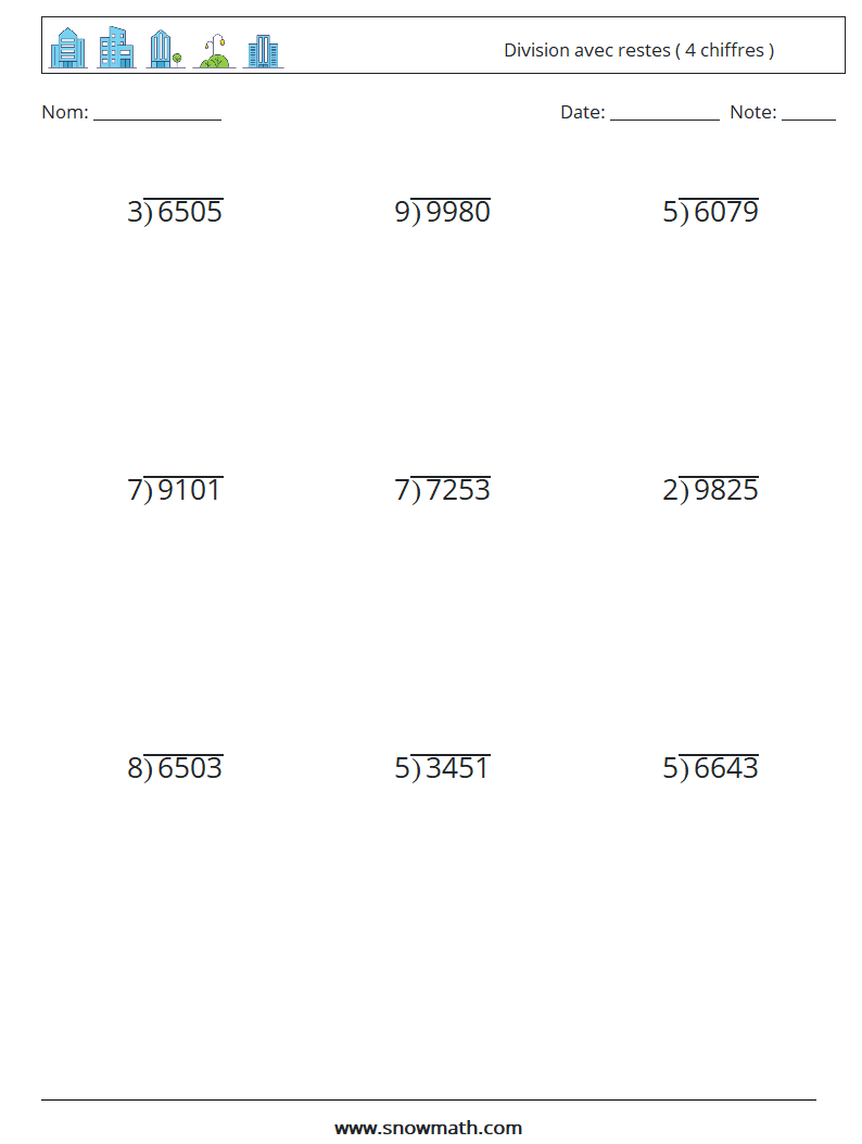 (9) Division avec restes ( 4 chiffres ) Fiches d'Exercices de Mathématiques 11