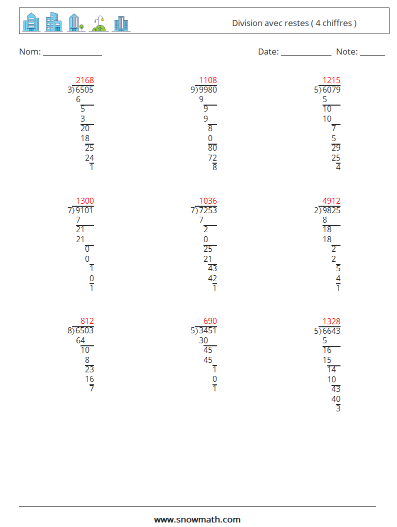 (9) Division avec restes ( 4 chiffres ) Fiches d'Exercices de Mathématiques 11 Question, Réponse