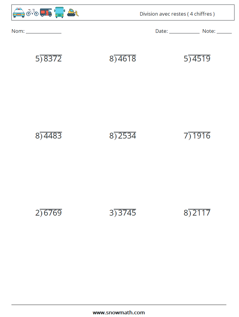 (9) Division avec restes ( 4 chiffres ) Fiches d'Exercices de Mathématiques 12
