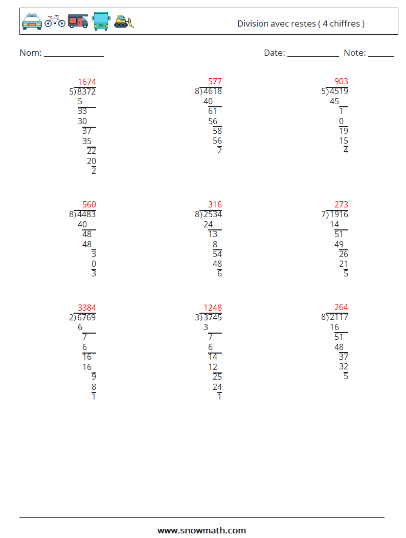 (9) Division avec restes ( 4 chiffres ) Fiches d'Exercices de Mathématiques 12 Question, Réponse