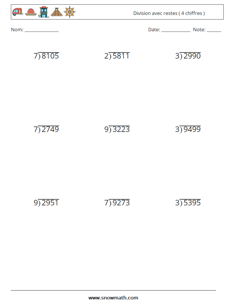(9) Division avec restes ( 4 chiffres ) Fiches d'Exercices de Mathématiques 13