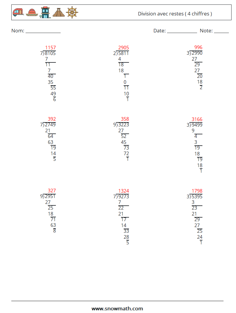 (9) Division avec restes ( 4 chiffres ) Fiches d'Exercices de Mathématiques 13 Question, Réponse