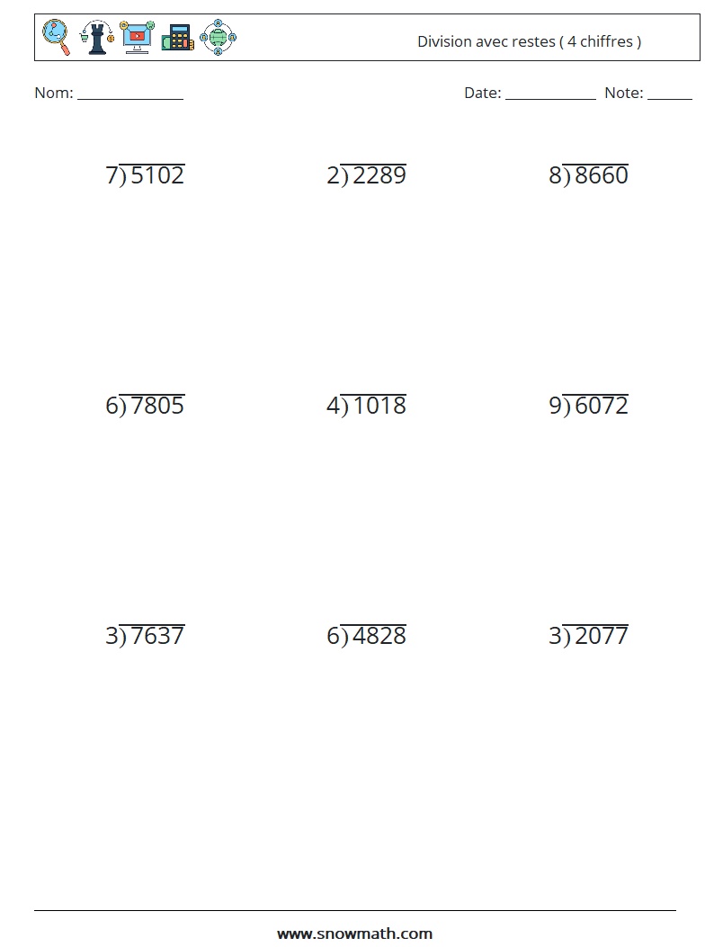 (9) Division avec restes ( 4 chiffres ) Fiches d'Exercices de Mathématiques 14
