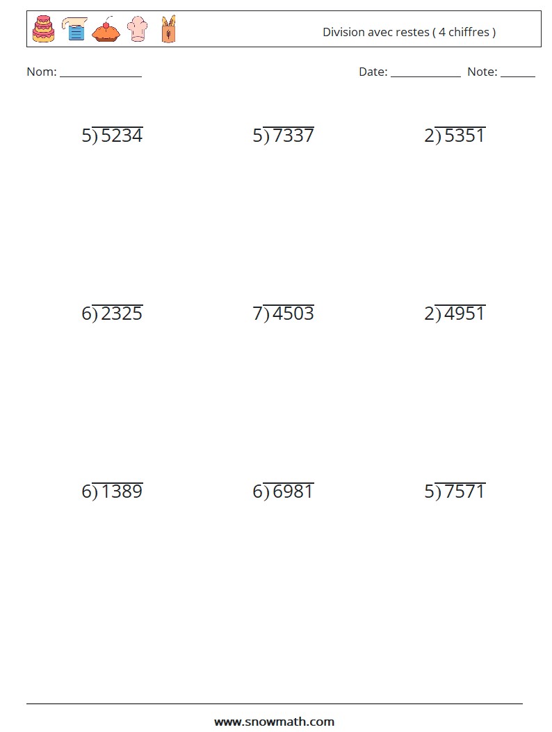 (9) Division avec restes ( 4 chiffres ) Fiches d'Exercices de Mathématiques 15