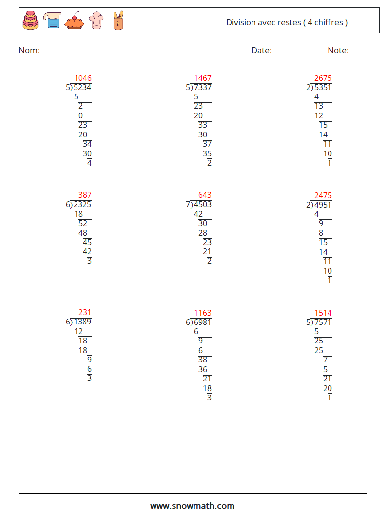 (9) Division avec restes ( 4 chiffres ) Fiches d'Exercices de Mathématiques 15 Question, Réponse