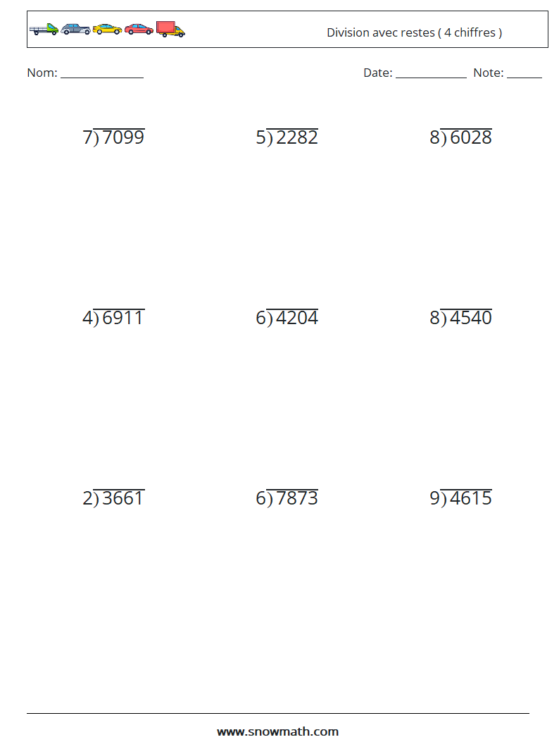 (9) Division avec restes ( 4 chiffres ) Fiches d'Exercices de Mathématiques 16