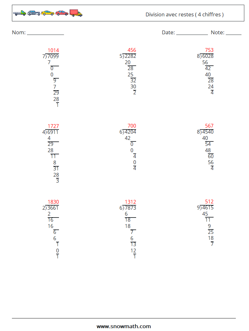 (9) Division avec restes ( 4 chiffres ) Fiches d'Exercices de Mathématiques 16 Question, Réponse