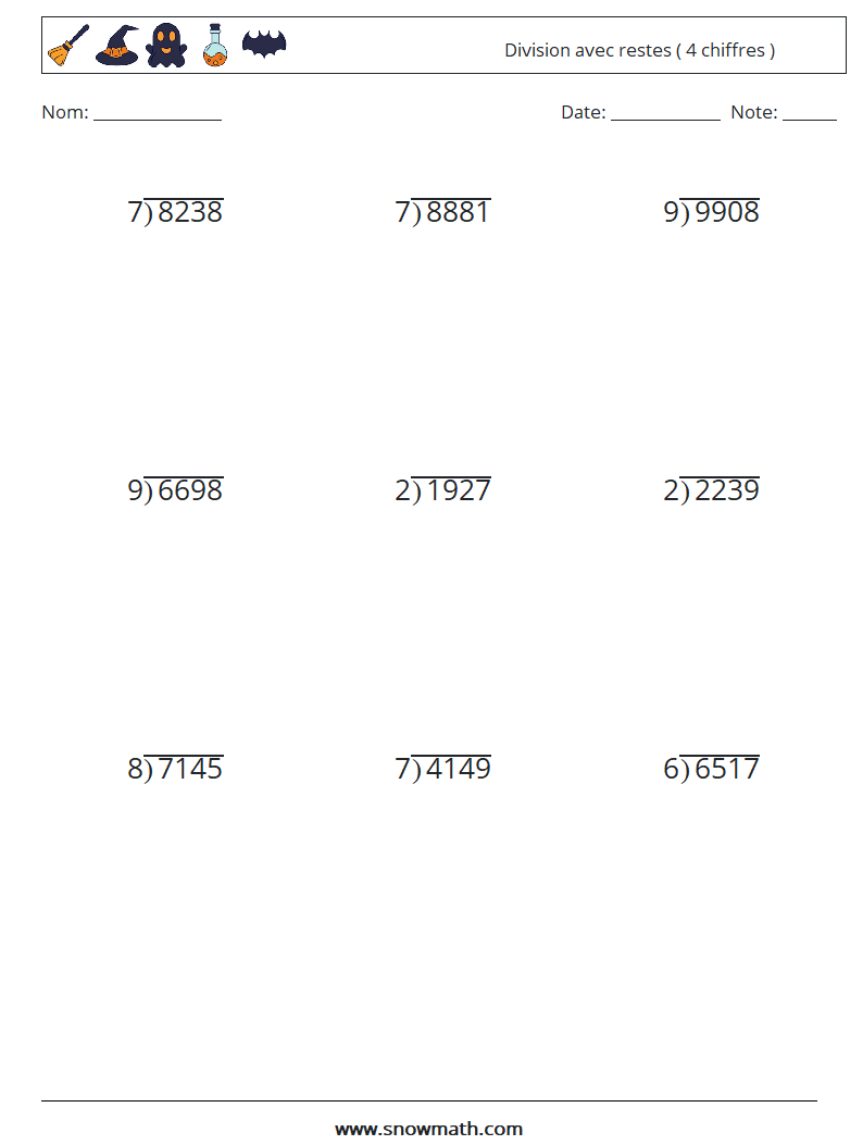 (9) Division avec restes ( 4 chiffres ) Fiches d'Exercices de Mathématiques 17