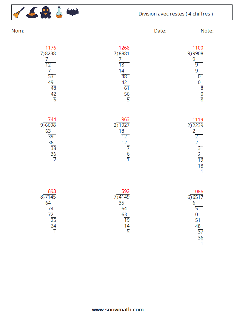 (9) Division avec restes ( 4 chiffres ) Fiches d'Exercices de Mathématiques 17 Question, Réponse