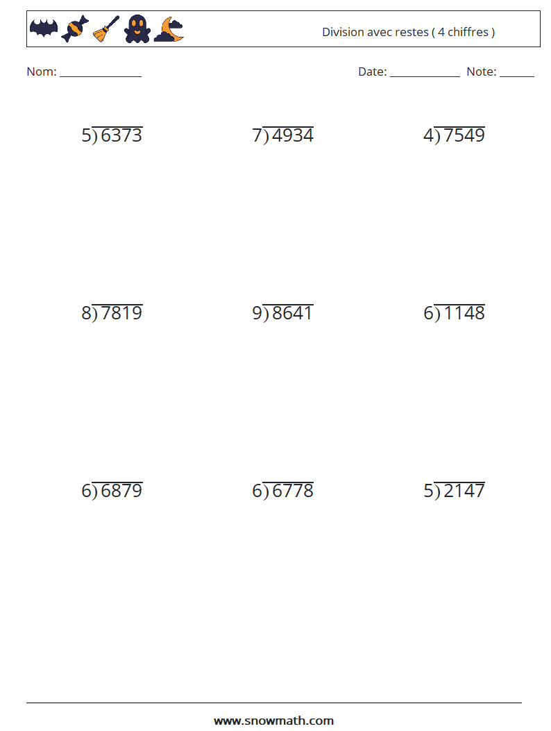 (9) Division avec restes ( 4 chiffres ) Fiches d'Exercices de Mathématiques 18