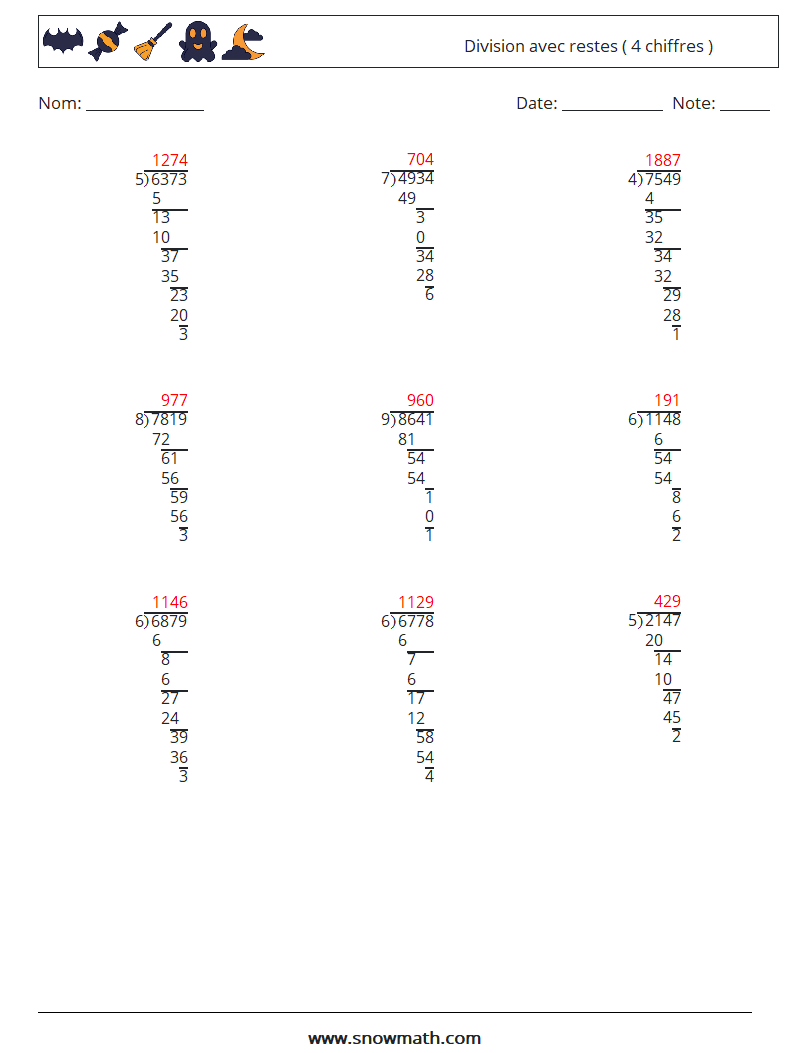 (9) Division avec restes ( 4 chiffres ) Fiches d'Exercices de Mathématiques 18 Question, Réponse