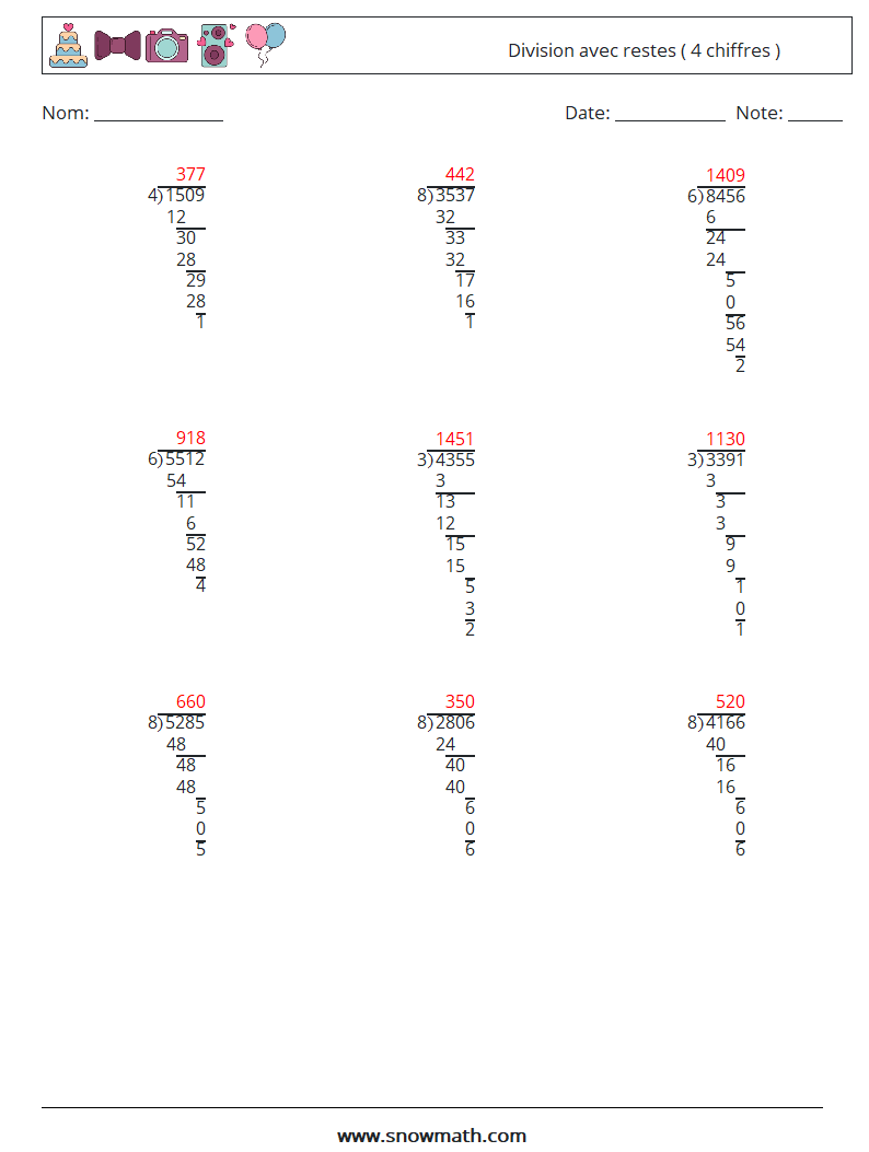 (9) Division avec restes ( 4 chiffres ) Fiches d'Exercices de Mathématiques 1 Question, Réponse