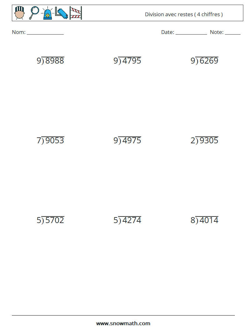(9) Division avec restes ( 4 chiffres ) Fiches d'Exercices de Mathématiques 2