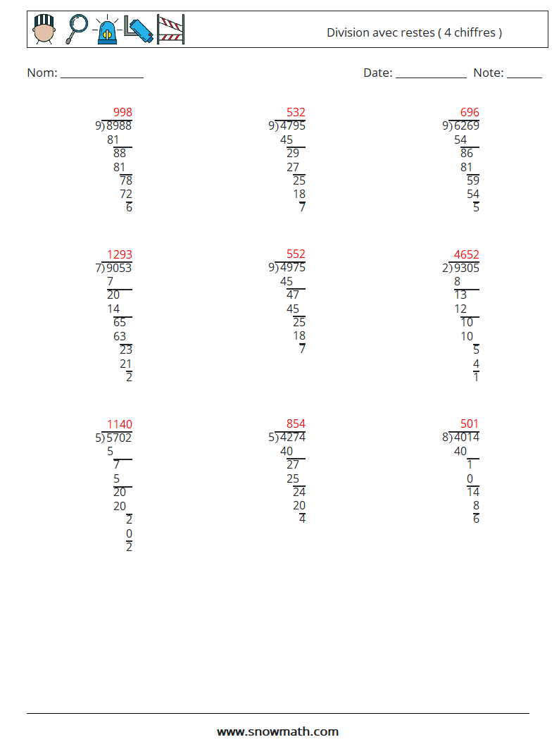 (9) Division avec restes ( 4 chiffres ) Fiches d'Exercices de Mathématiques 2 Question, Réponse