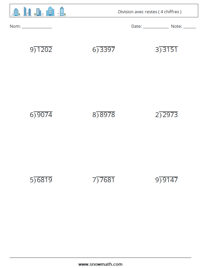 (9) Division avec restes ( 4 chiffres ) Fiches d'Exercices de Mathématiques 3