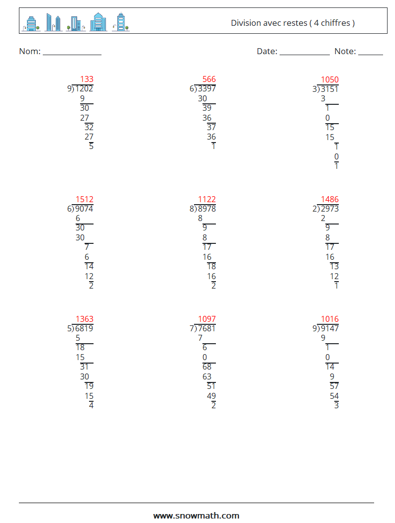 (9) Division avec restes ( 4 chiffres ) Fiches d'Exercices de Mathématiques 3 Question, Réponse
