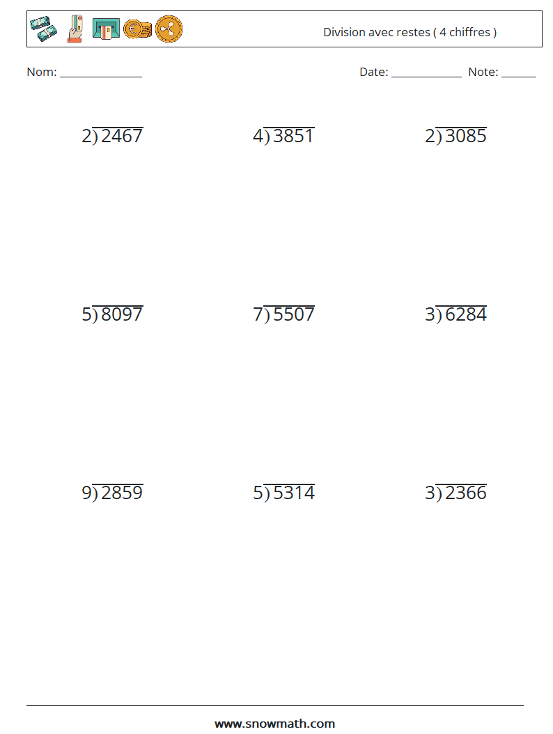 (9) Division avec restes ( 4 chiffres ) Fiches d'Exercices de Mathématiques 5