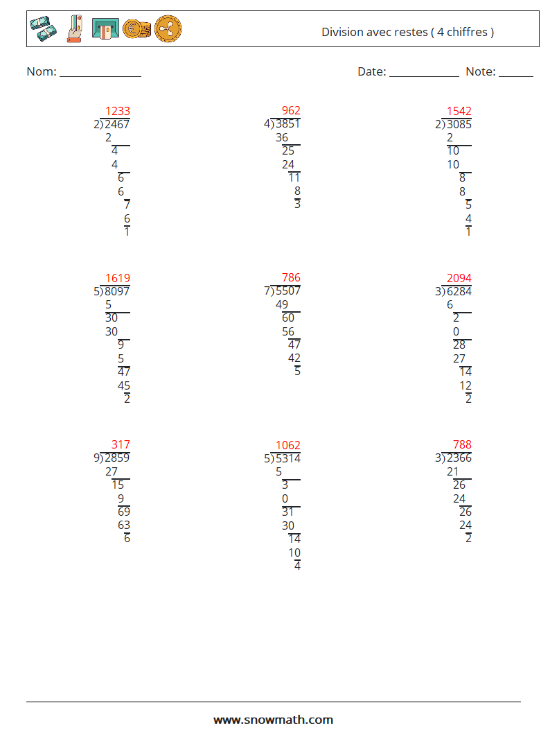 (9) Division avec restes ( 4 chiffres ) Fiches d'Exercices de Mathématiques 5 Question, Réponse