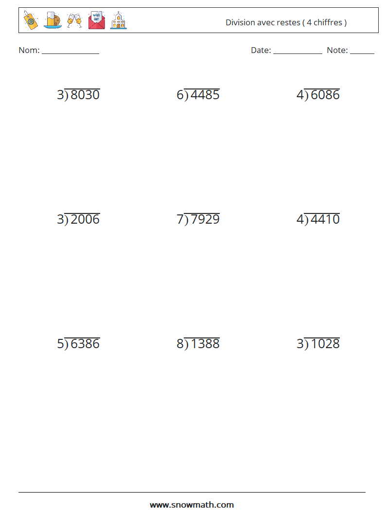 (9) Division avec restes ( 4 chiffres ) Fiches d'Exercices de Mathématiques 6