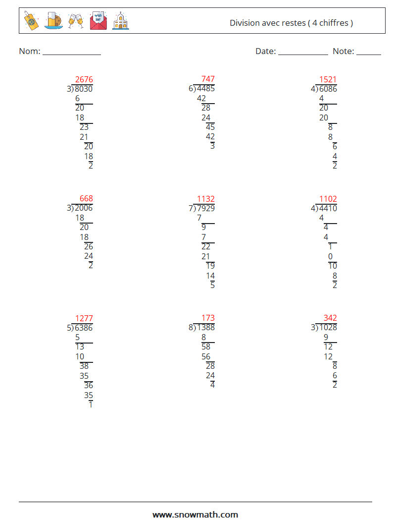 (9) Division avec restes ( 4 chiffres ) Fiches d'Exercices de Mathématiques 6 Question, Réponse