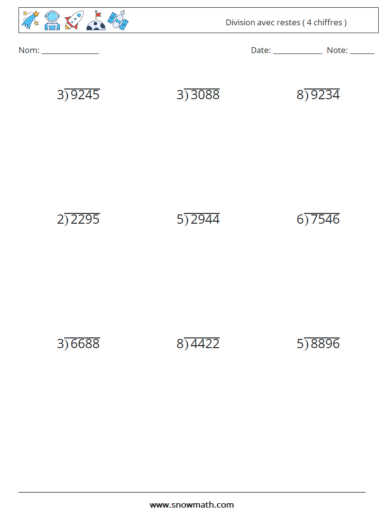 (9) Division avec restes ( 4 chiffres ) Fiches d'Exercices de Mathématiques 7