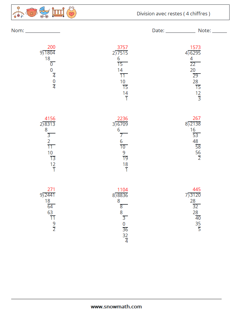 (9) Division avec restes ( 4 chiffres ) Fiches d'Exercices de Mathématiques 8 Question, Réponse