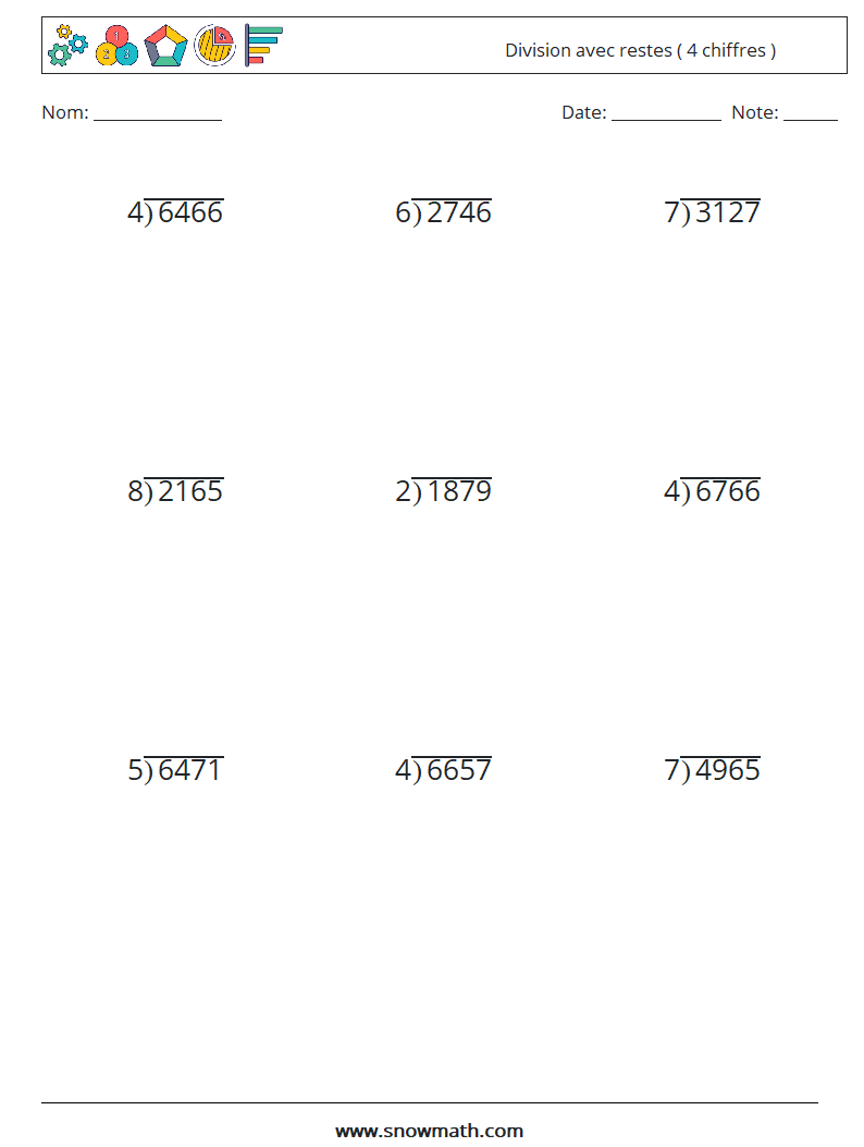(9) Division avec restes ( 4 chiffres ) Fiches d'Exercices de Mathématiques 9