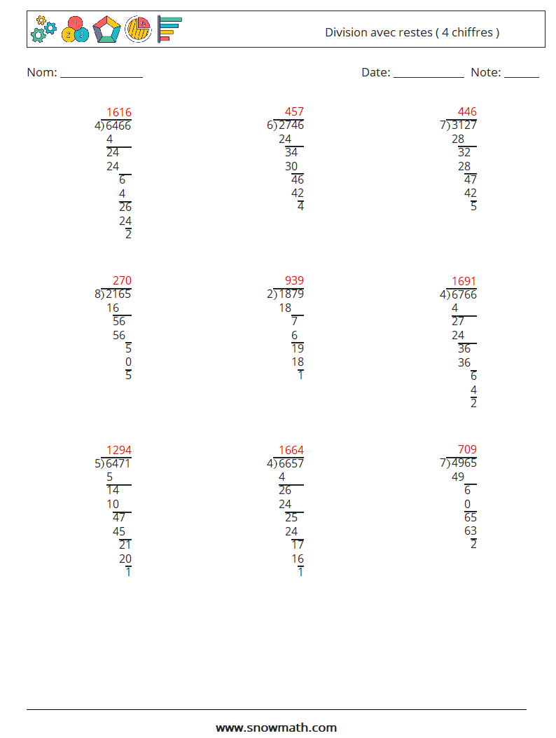 (9) Division avec restes ( 4 chiffres ) Fiches d'Exercices de Mathématiques 9 Question, Réponse