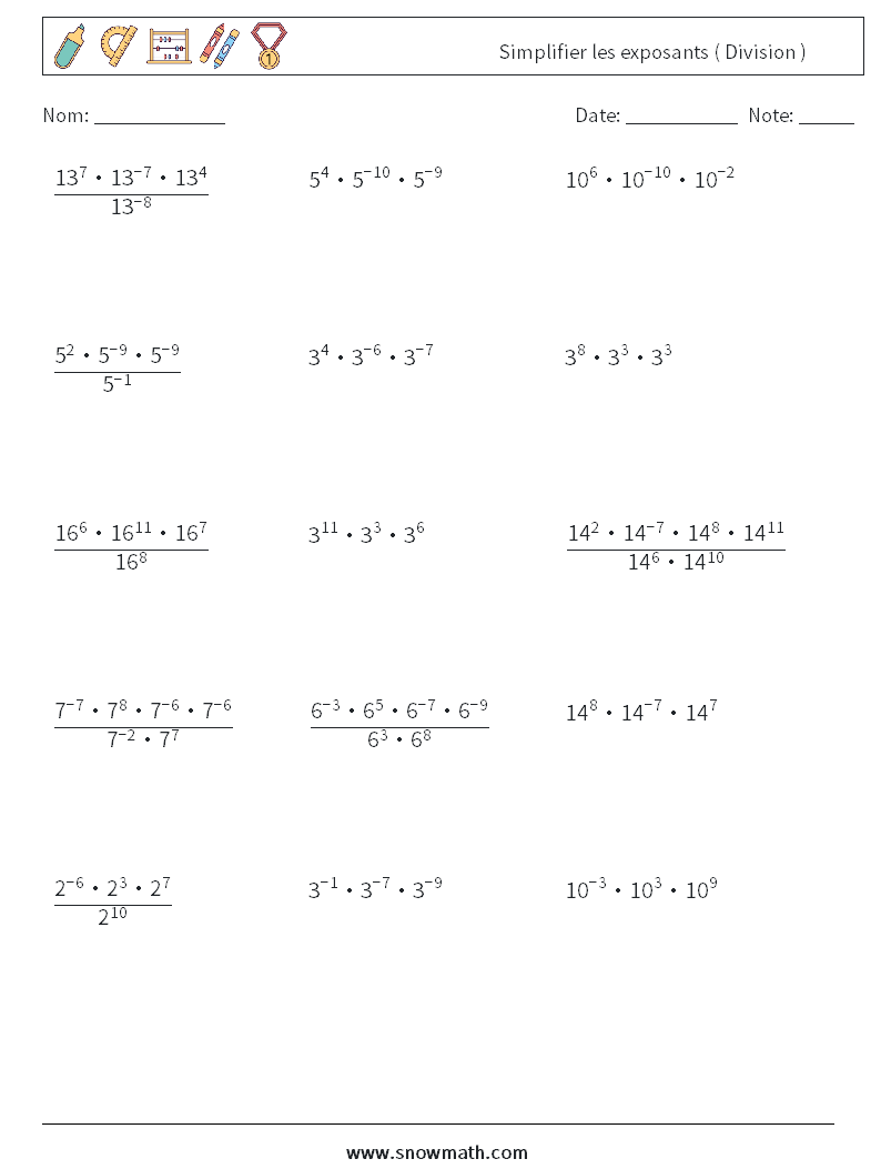 Simplifier les exposants ( Division ) Fiches d'Exercices de Mathématiques 2