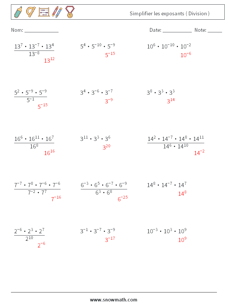 Simplifier les exposants ( Division ) Fiches d'Exercices de Mathématiques 2 Question, Réponse
