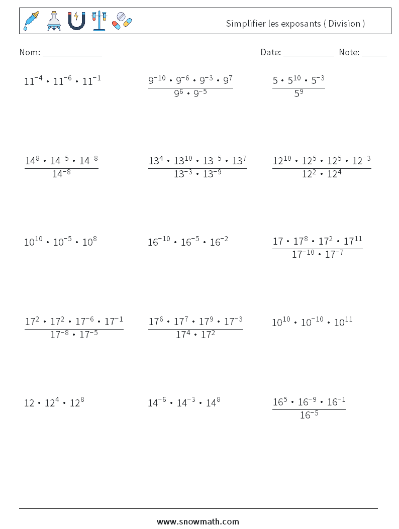 Simplifier les exposants ( Division ) Fiches d'Exercices de Mathématiques 3