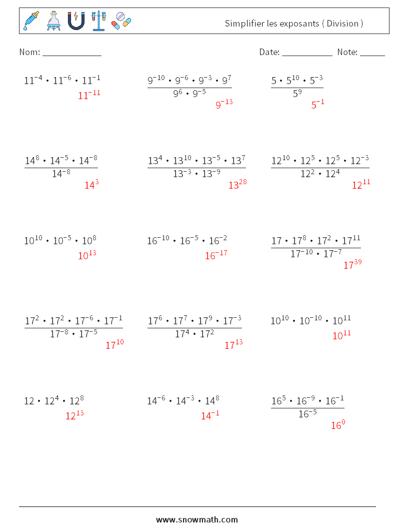 Simplifier les exposants ( Division ) Fiches d'Exercices de Mathématiques 3 Question, Réponse