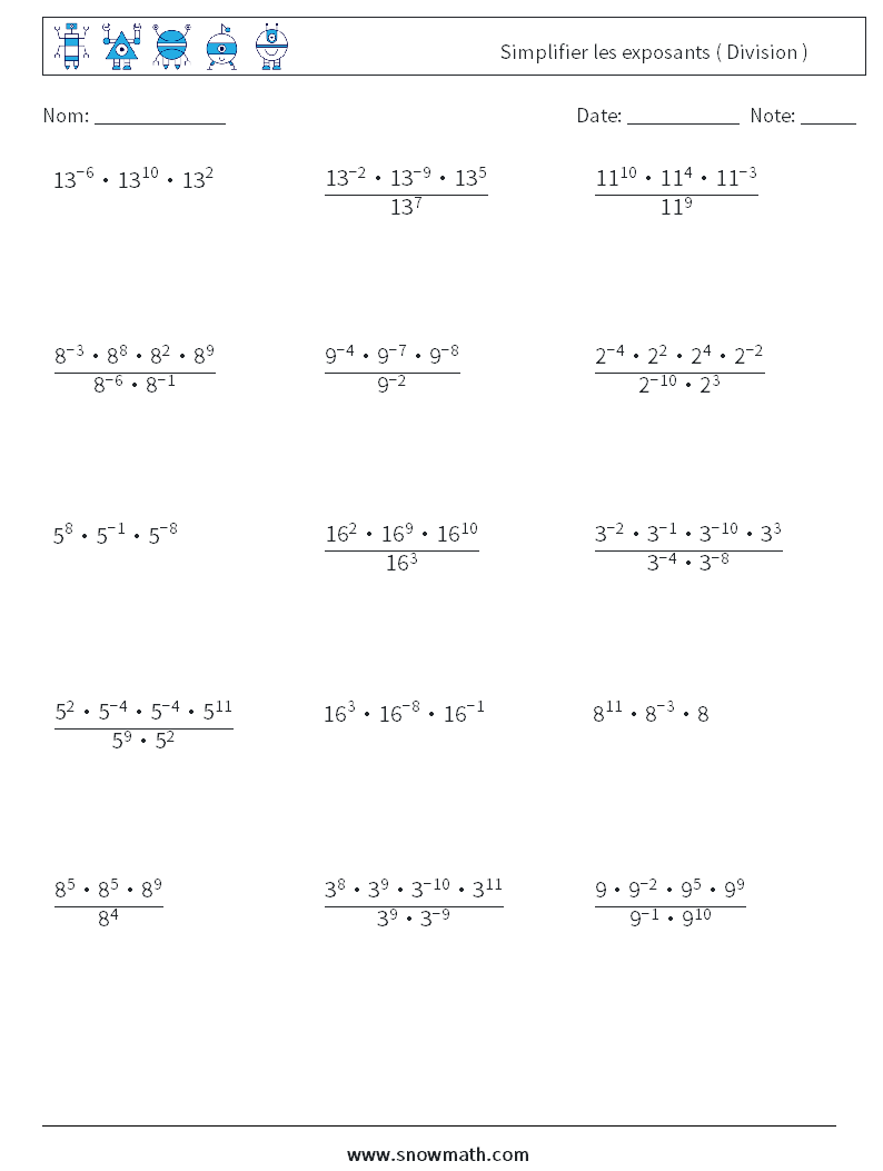 Simplifier les exposants ( Division ) Fiches d'Exercices de Mathématiques 4