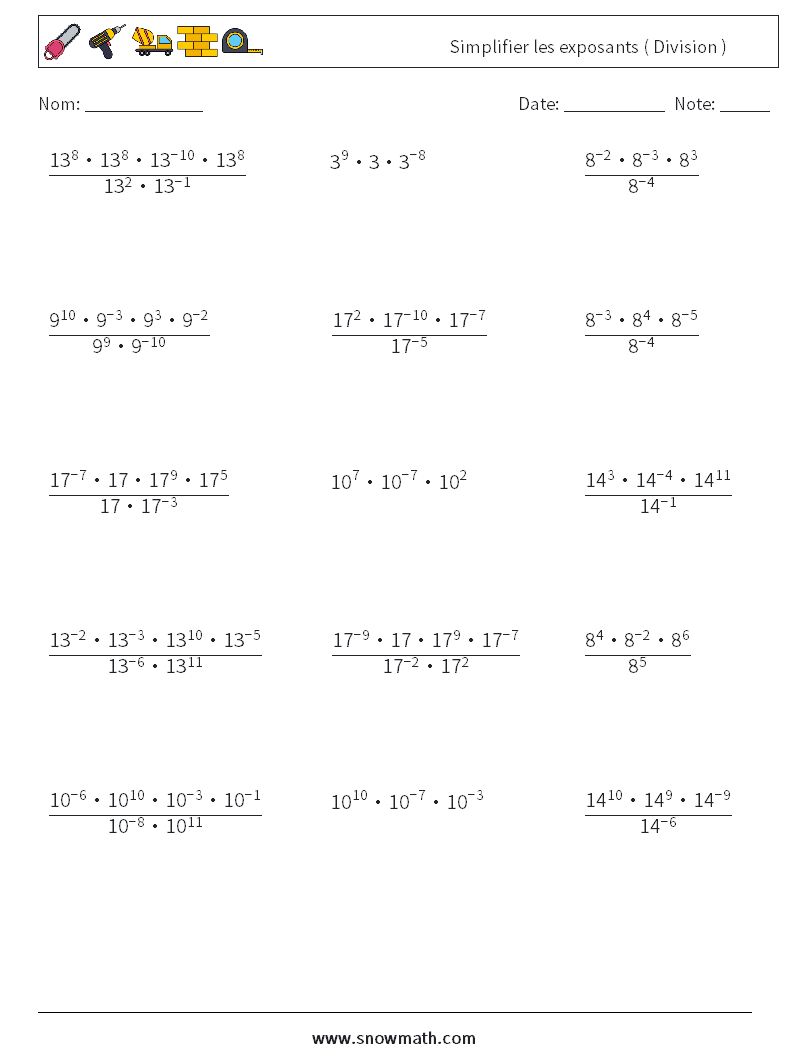 Simplifier les exposants ( Division ) Fiches d'Exercices de Mathématiques 5