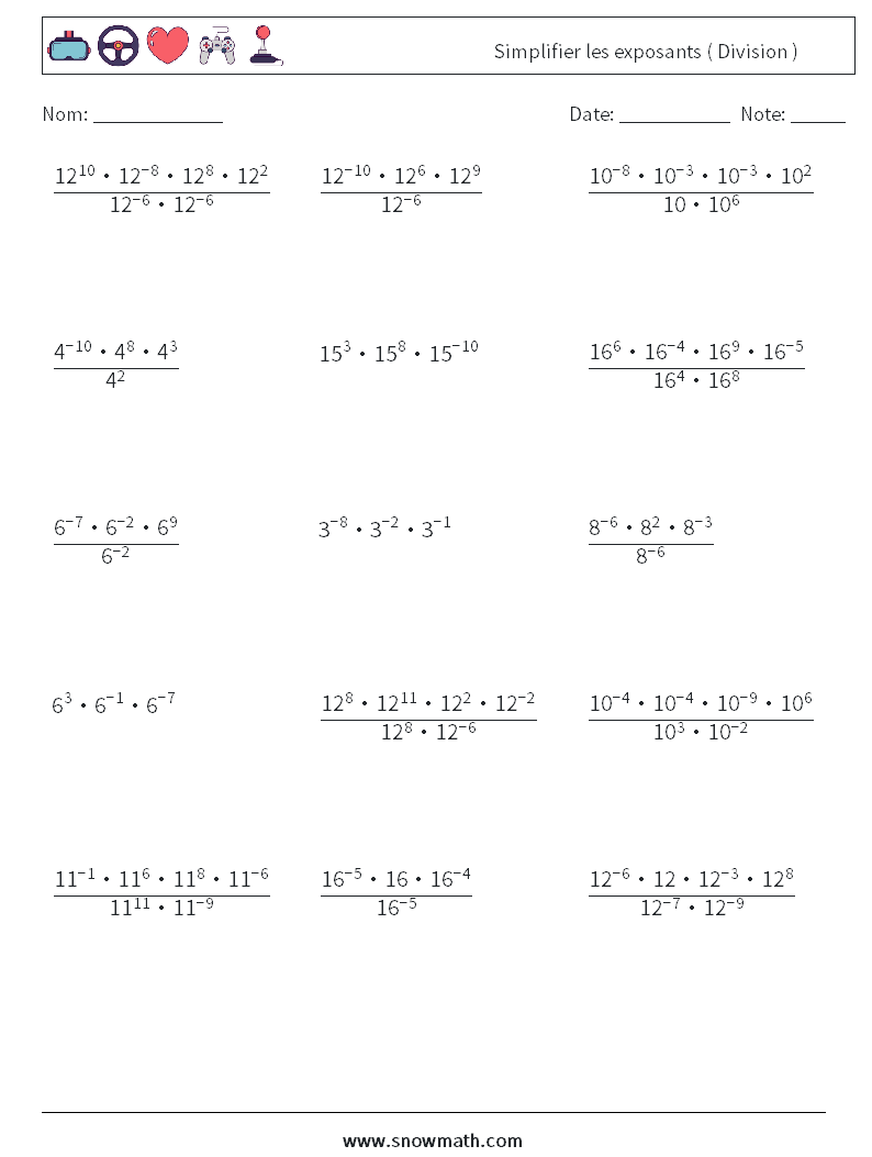 Simplifier les exposants ( Division ) Fiches d'Exercices de Mathématiques 6