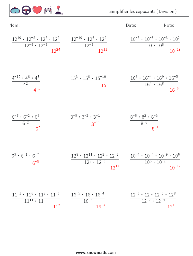 Simplifier les exposants ( Division ) Fiches d'Exercices de Mathématiques 6 Question, Réponse