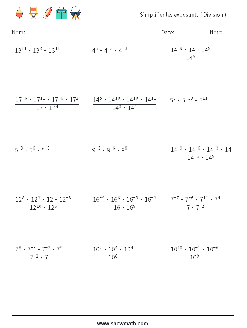Simplifier les exposants ( Division ) Fiches d'Exercices de Mathématiques 7