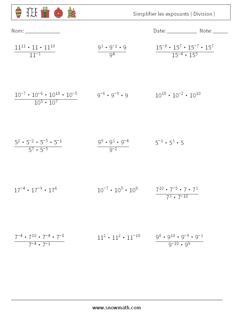 Simplifier les exposants ( Division ) Fiches d'Exercices de Mathématiques 8